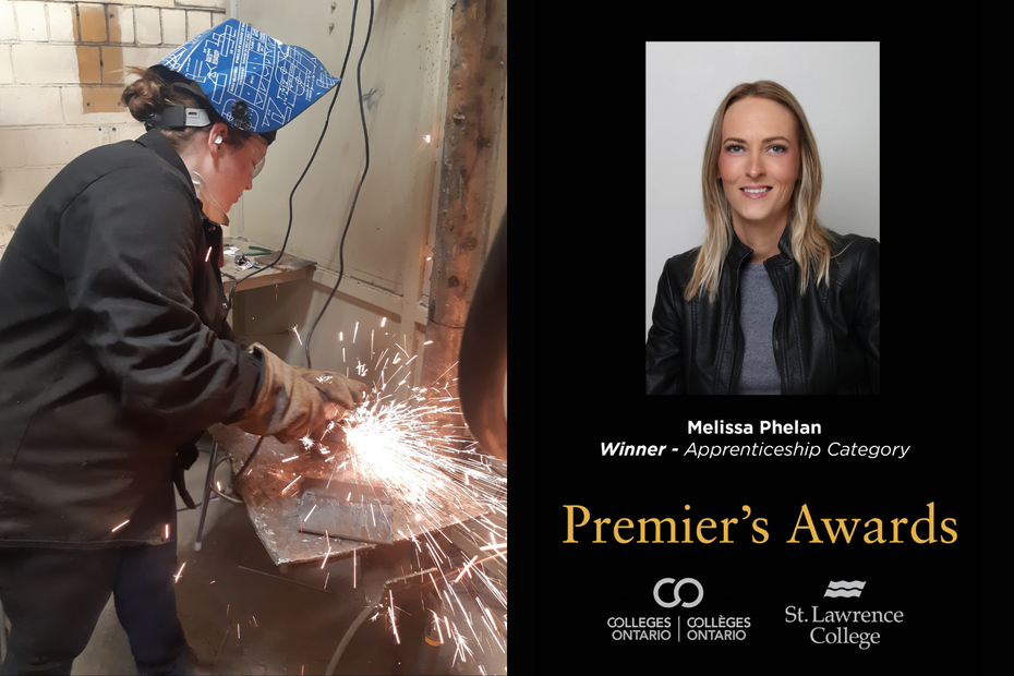 Mary Reddon is shown on the left, welding, as sparks fly. On the right, a headshot of Melissa Phelan, Winner - Apprenticeship Category, and the Premier's Awards and Colleges Ontario logos.